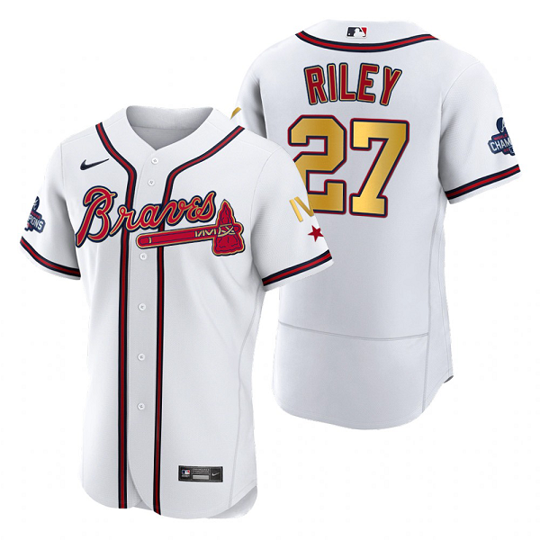 Men's Atlanta Braves Austin Riley White 2022 Gold Program 4-Time World Series Champions Flex Base Jersey