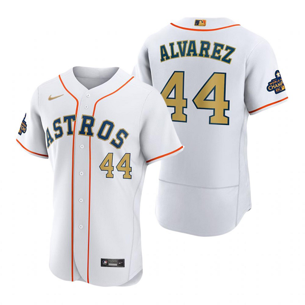 Men's Houston Astros MLB #44 Yordan Alvarez White 2023 Gold Collection Flex Base Nike Jersey