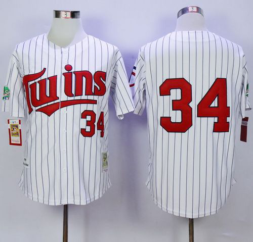 Mitchell And Ness 1991 Minnesota Twins #34 Kirby Puckett White(Blue Strip) Throwback Stitched MLB Jersey