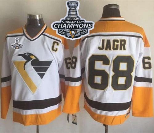 Pittsburgh Penguins #68 Jaromir Jagr White/Yellow CCM Throwback 2017 Stanley Cup Finals Champions Stitched NHL Jersey