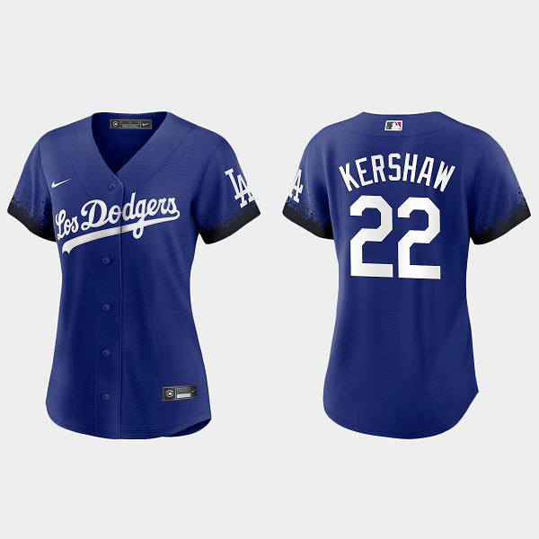 Women Los Angeles Dodgers Clayton Kershaw Royal 2021 City Connect Replica Jersey