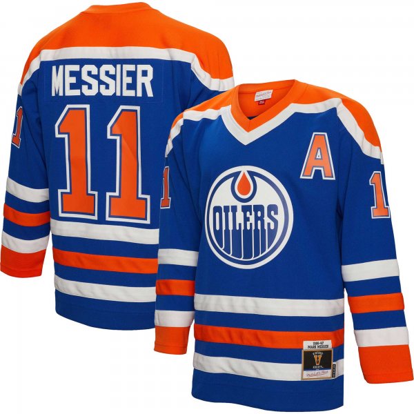 Men's Edmonton Oilers Mark Messier Mitchell & Ness Royal Alternate Captain Patch 1986/87 Blue Line Player Jersey