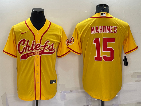 Men's Kansas City Chiefs #15 Patrick Mahomes Yellow Stitched Baseball Cool Base Jersey