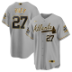 Men's Atlanta Braves #27 Austin Riley 2021 Grey/Gold World Series Champions With 150th Anniversary Patch Cool Base Stitched Jersey