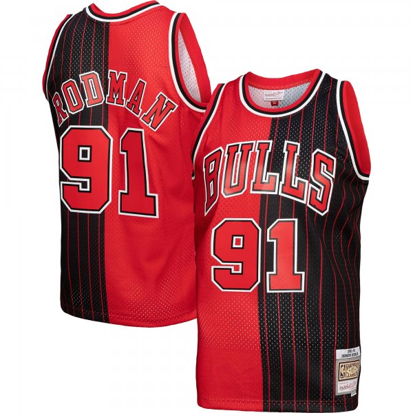 Men's Chicago Bulls Dennis Rodman Mitchell & Ness Red/Black Hardwood Classics 1995/96 Split Swingman Jersey