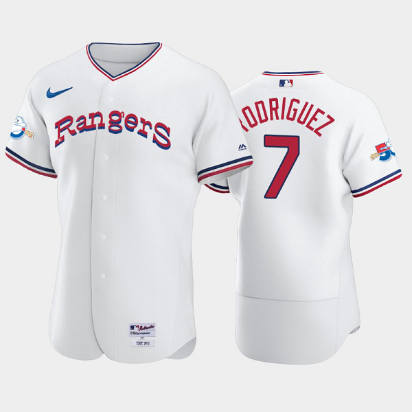 Men's Texas Rangers #7 Ivan Rodriguez 1972 Throwback White 50th Anniversary Home MLB Flex Base Jersey