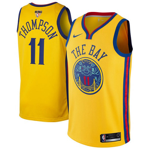 Men's Nike Golden State Warriors #11 Klay Thompson Gold The Finals Patch Swingman City Edition NBA Jersey