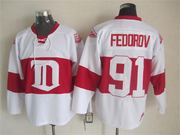 Men's Detroit Red Wings #91 Fedorov White and Red Throwback NHL Jersey