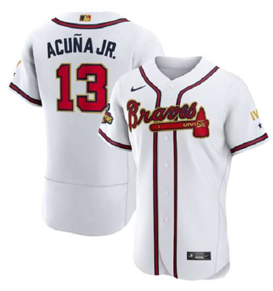 Men's Atlanta Braves #13 Ronald Acuna Jr. 2022 White/Gold World Series Champions Program Flex Base Stitched MLB Jersey