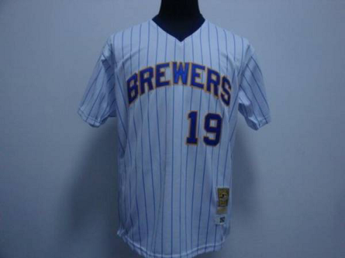 Mitchell And Ness Milwaukee Brewers #19 Robin Yount Stitched White Blue Strip Throwback MLB Jersey