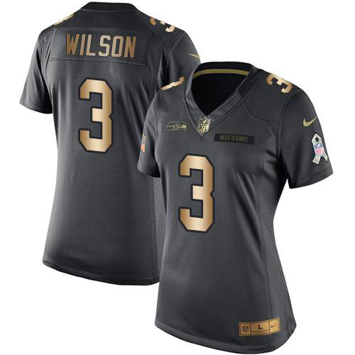 Nike Seattle Seahawks #3 Russell Wilson Black Women's Stitched NFL Limited Gold Salute to Service Jersey