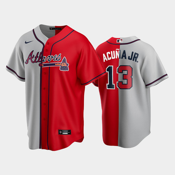 Men's Atlanta Braves Replica MLB Jersey #13 Ronald Acuna Jr. Gray-Red Split