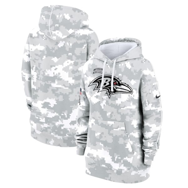 Women's Nike Arctic Camo Baltimore Ravens 2024 Salute To Service Club Fleece Pullover Hoodie