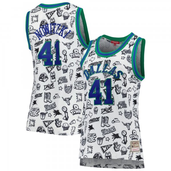 Women's Dallas Mavericks Dirk Nowitzki Mitchell & Ness White 1998 Doodle Swingman Jersey