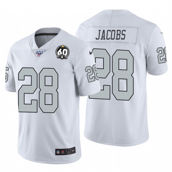 Men's Nike Las Vegas Raiders #28 Josh Jacobs 60th Anniversary And 100th Season Patch White Color Rush 100th Season Vapor Untouchable Jersey