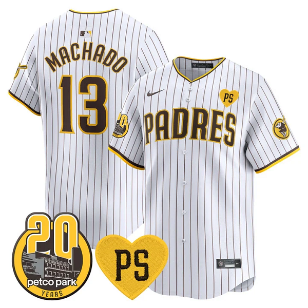 Men's San Diego Padres #13 Manny Machado Jr For Peter & Petco Park 20th Patch Vapor Premier Limited All Stitched Cool Base Jersey