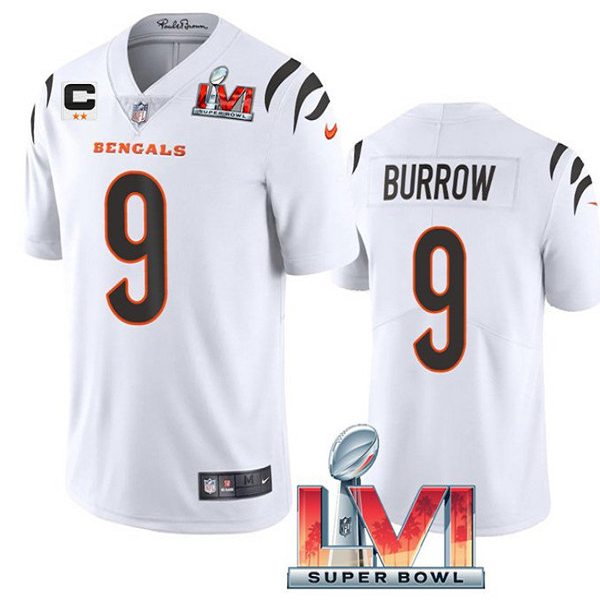 Men's Cincinnati Bengals #9 Joe Burrow 2022 White With C Patch Super Bowl LVI Vapor Limited Stitched Jersey