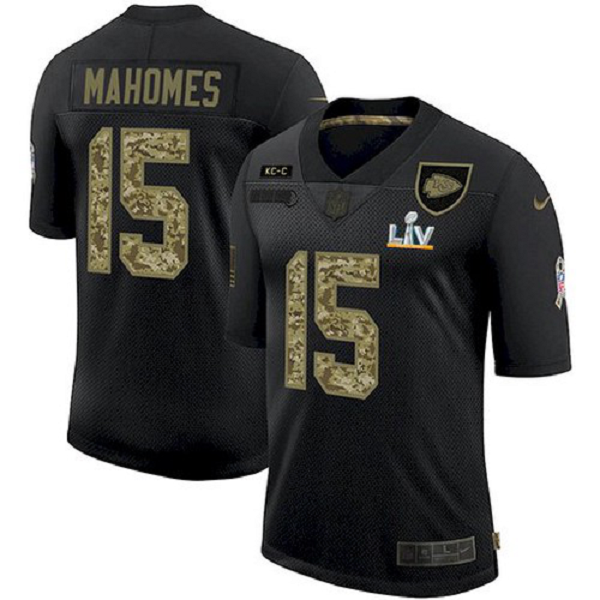 Men's Kansas City Chiefs #15 Patrick Mahomes Black Camo Salute To Service 2021 Super Bowl LV Jersey