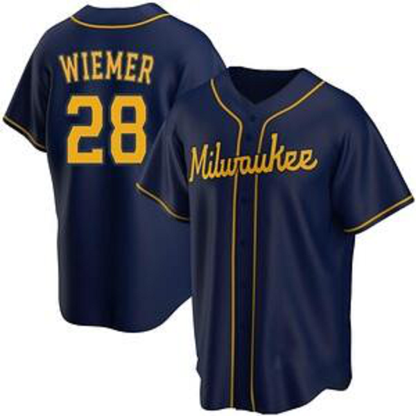 Men's Milwaukee Brewers #28 Joey Wiemer Navy Cool Base Player Jersey