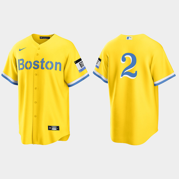 Men's Boston Red Sox #2 Xander Bogaerts Gold Light Blue 2021 MLB City Connect Replica Jersey