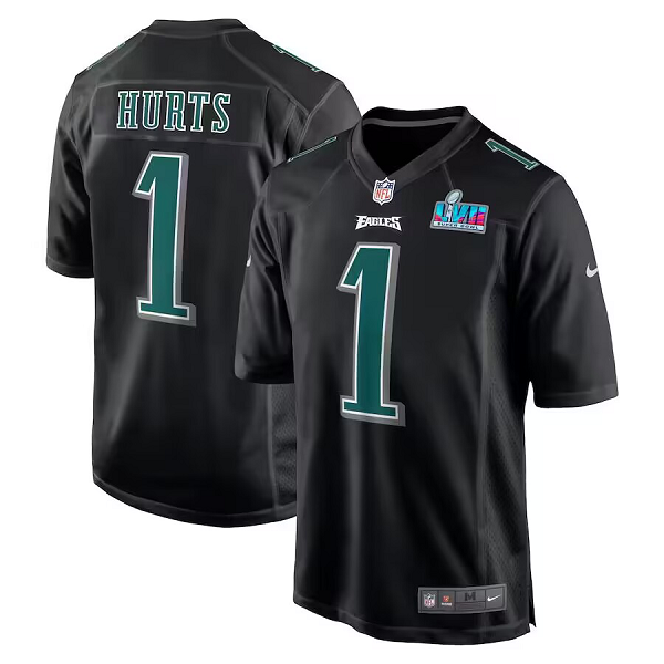 Men's Nike Philadelphia Eagles #1 Jalen Hurts Black Super Bowl LVII Patch Fashion Limited Jersey