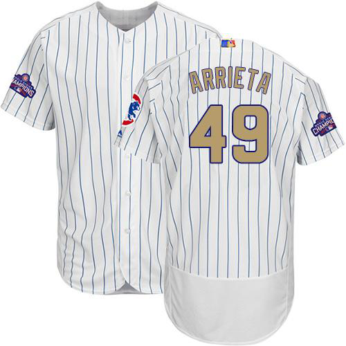 Chicago Cubs #49 Jake Arrieta White(Blue Strip) Flexbase 2017 Gold Program Stitched MLB Jersey