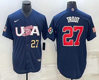 Mens USA Baseball #27 Mike Trout 2023 Navy World Baseball Classic Stitched Jersey