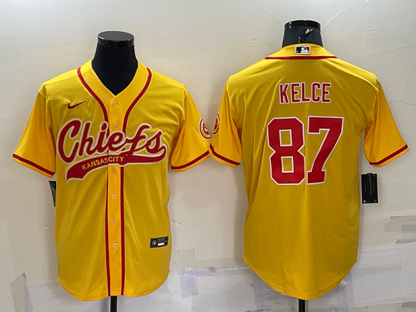 Men's Kansas City Chiefs #87 Travis Kelce Yellow Stitched Baseball Cool Base Jersey