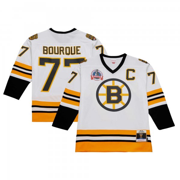 Men's Boston Bruins Ray Bourque Mitchell & Ness White Captain Patch 1989/90 Blue Line Player Jersey